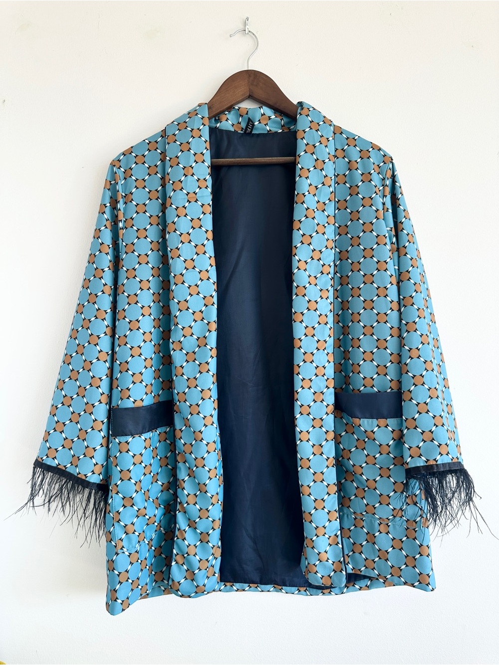 Geometric Print Feather Fringe Kimono Blazer – Size Small